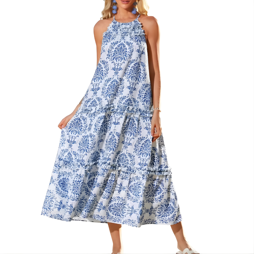 Loren Chic Boho Halter Tiered Maxi Dress