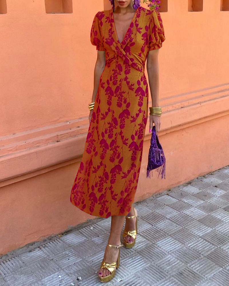 Abigail Chic Leaf Print V-Neck Dress