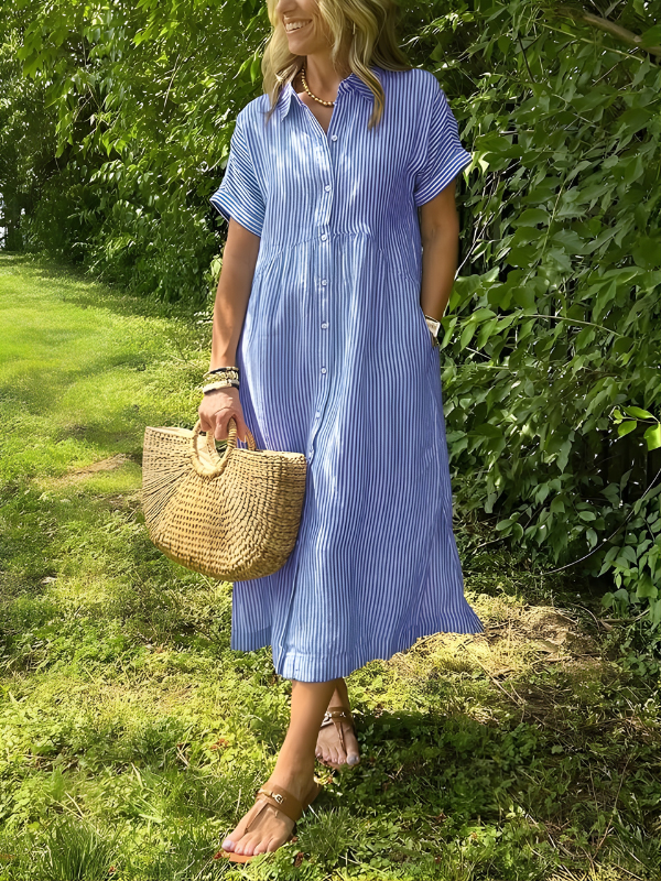 Marina Elegant Striped Maxi Shirt Dress with Pockets