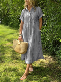 Marina Elegant Striped Maxi Shirt Dress with Pockets