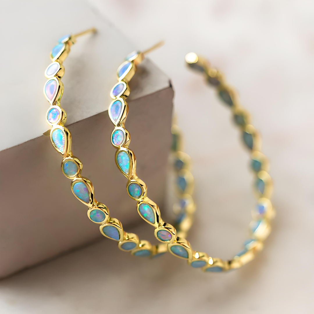 Donna Vintage Blue and Opal Golden Hoop Earrings