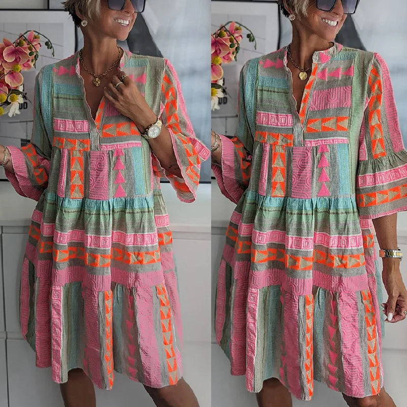 Elodie Chic V-Neck Cotton Hemp Dress
