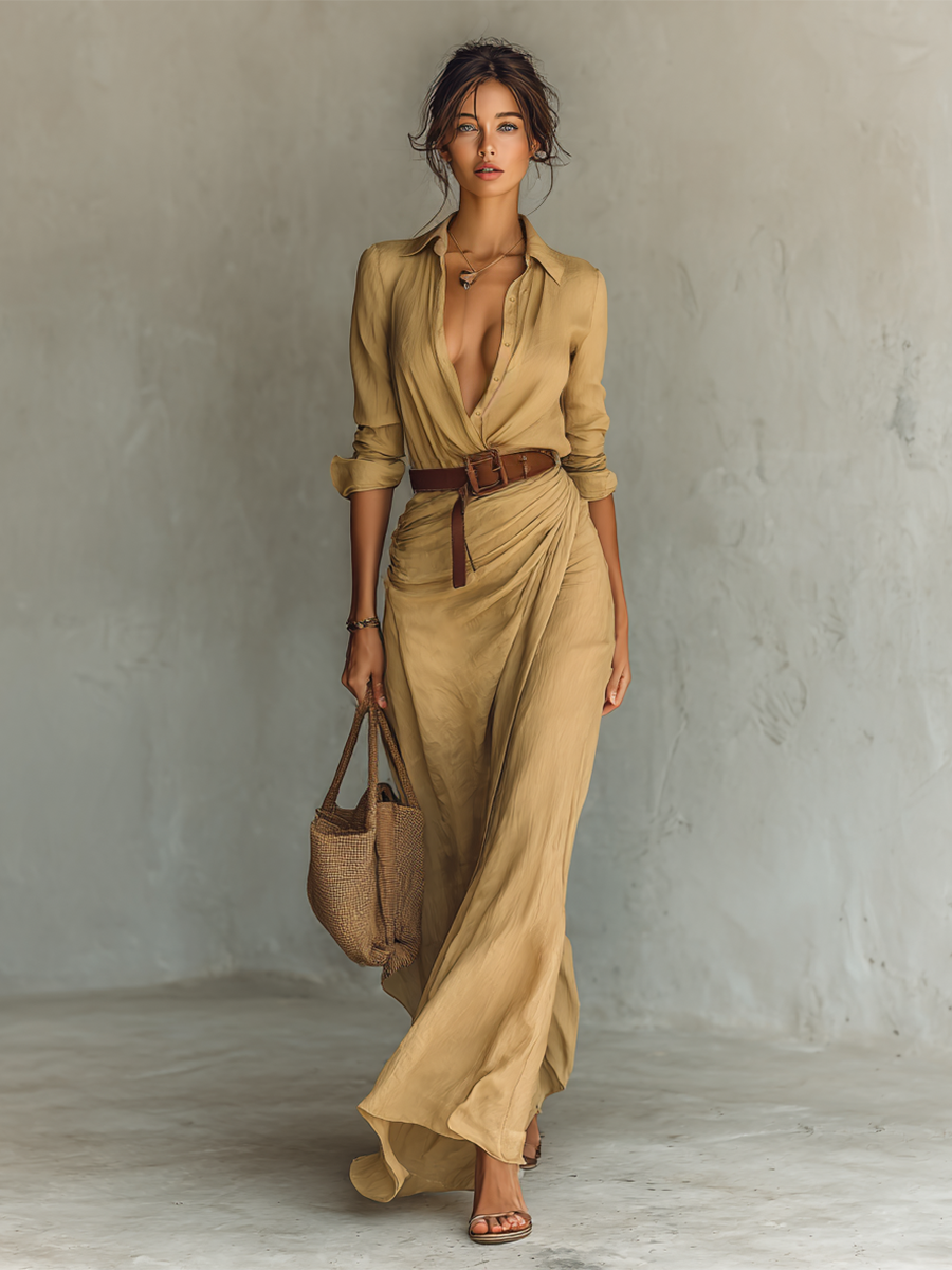 Mallory Long Maxi Dress with Lapel Collar & Belt