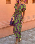 Abigail Chic Leaf Print V-Neck Dress