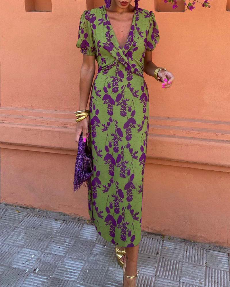 Abigail Chic Leaf Print V-Neck Dress
