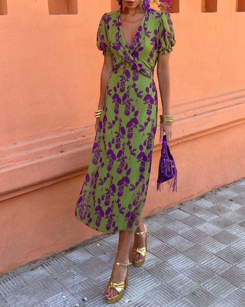 Abigail Chic Leaf Print V-Neck Dress