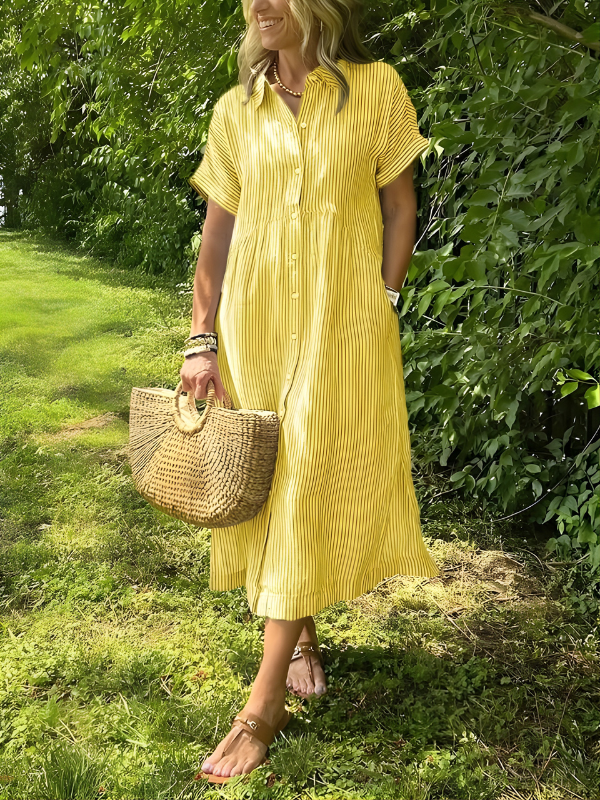 Marina Elegant Striped Maxi Shirt Dress with Pockets