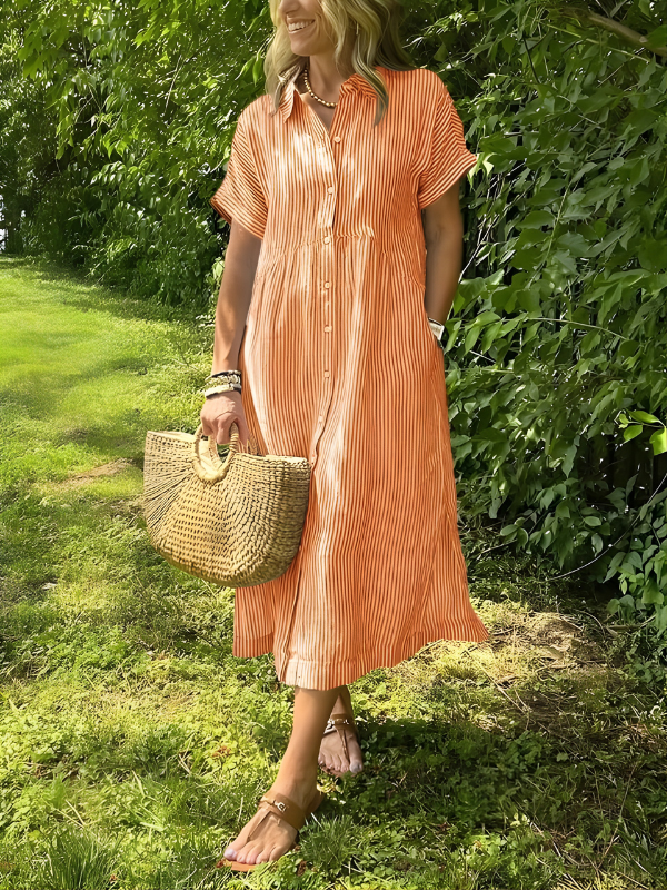 Marina Elegant Striped Maxi Shirt Dress with Pockets