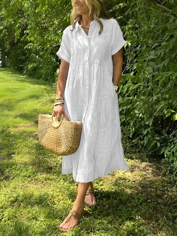 Marina Elegant Striped Maxi Shirt Dress with Pockets