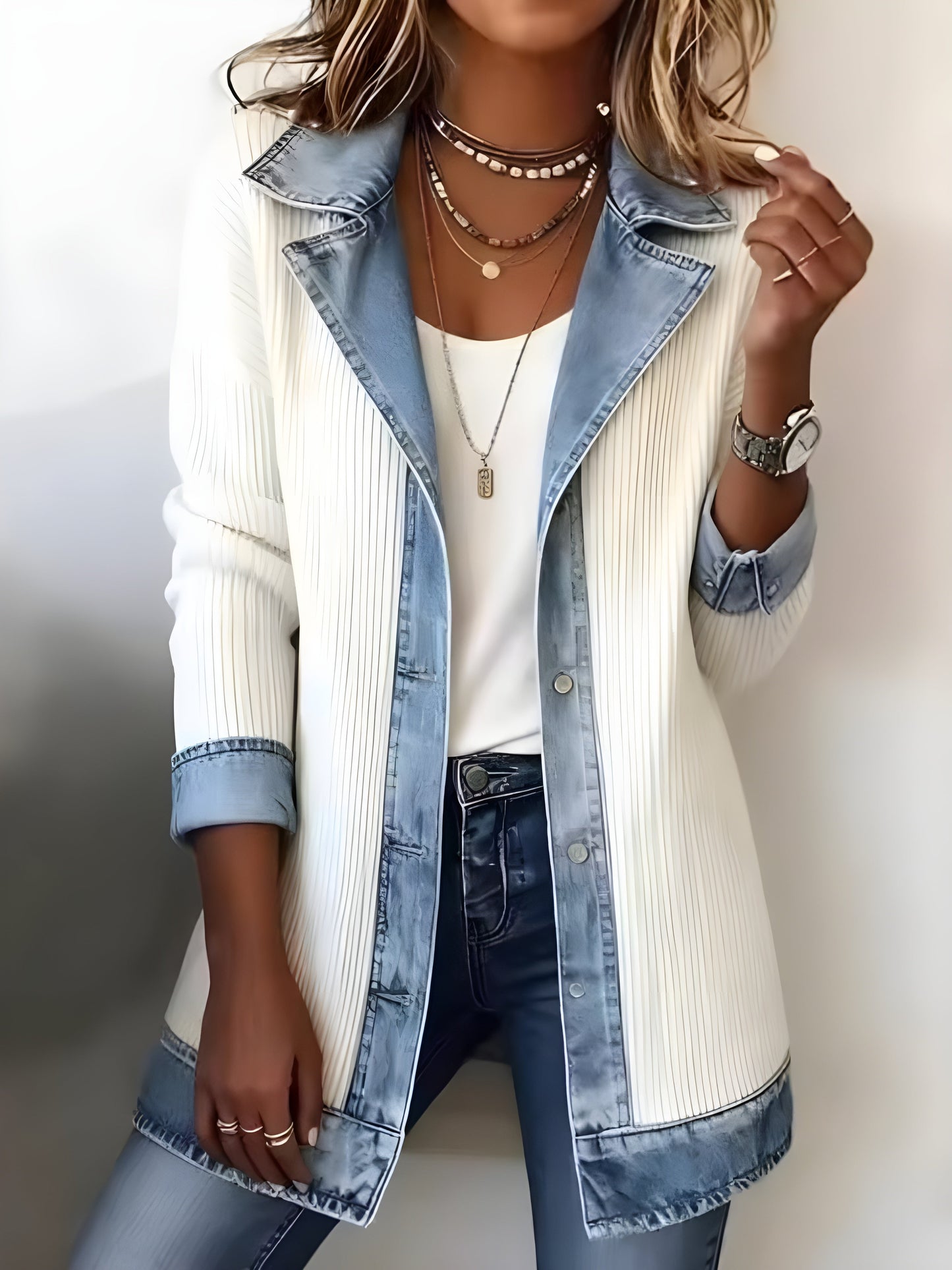 Luna Elegant Denim Lapel Combined Coat