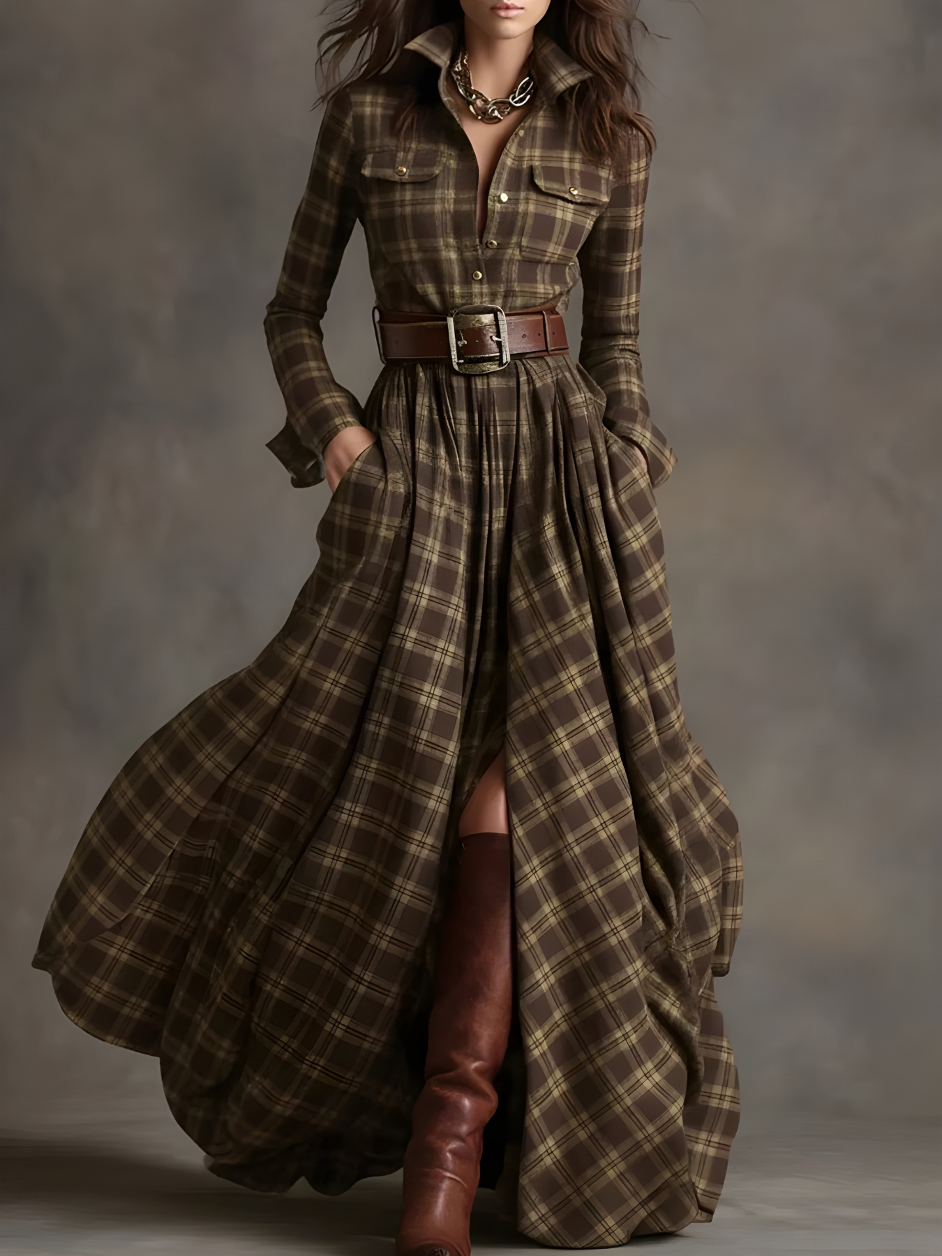 Elara Plaid Button-Front Maxi Dress