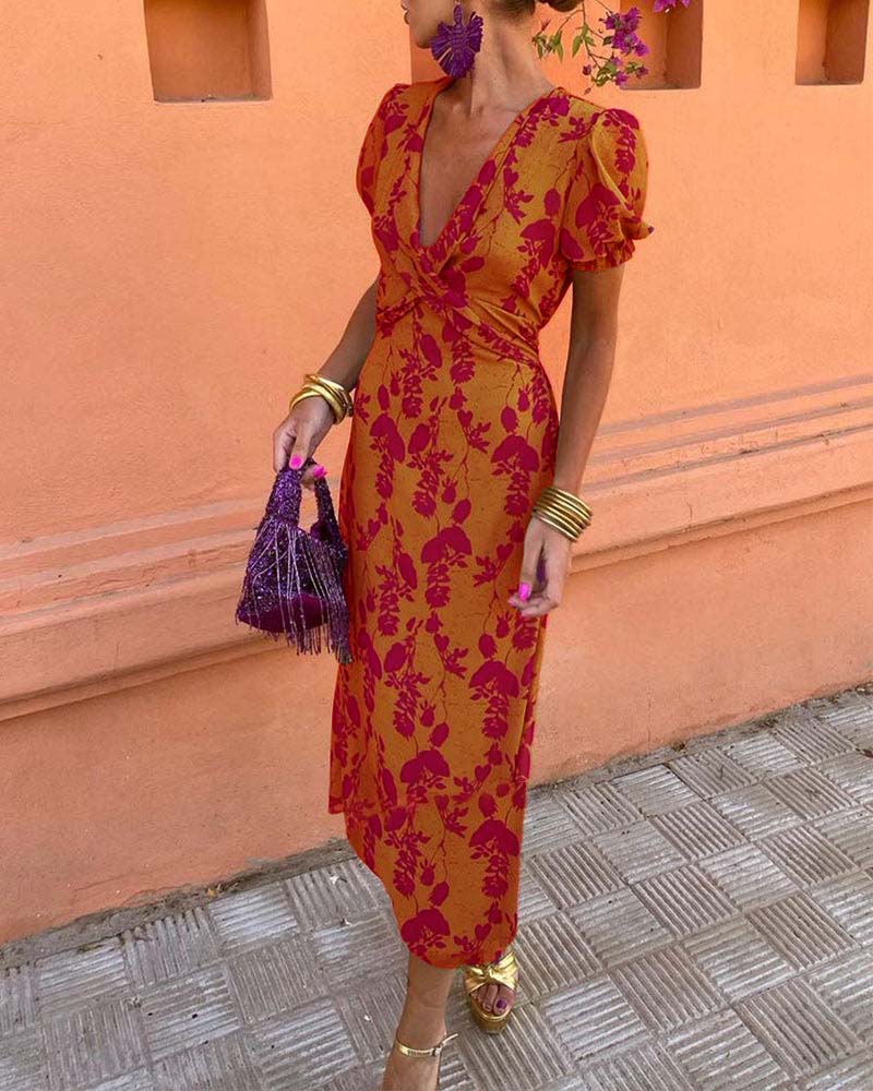 Abigail Chic Leaf Print V-Neck Dress