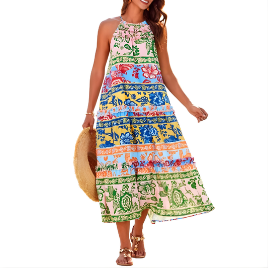 Loren Chic Boho Halter Tiered Maxi Dress