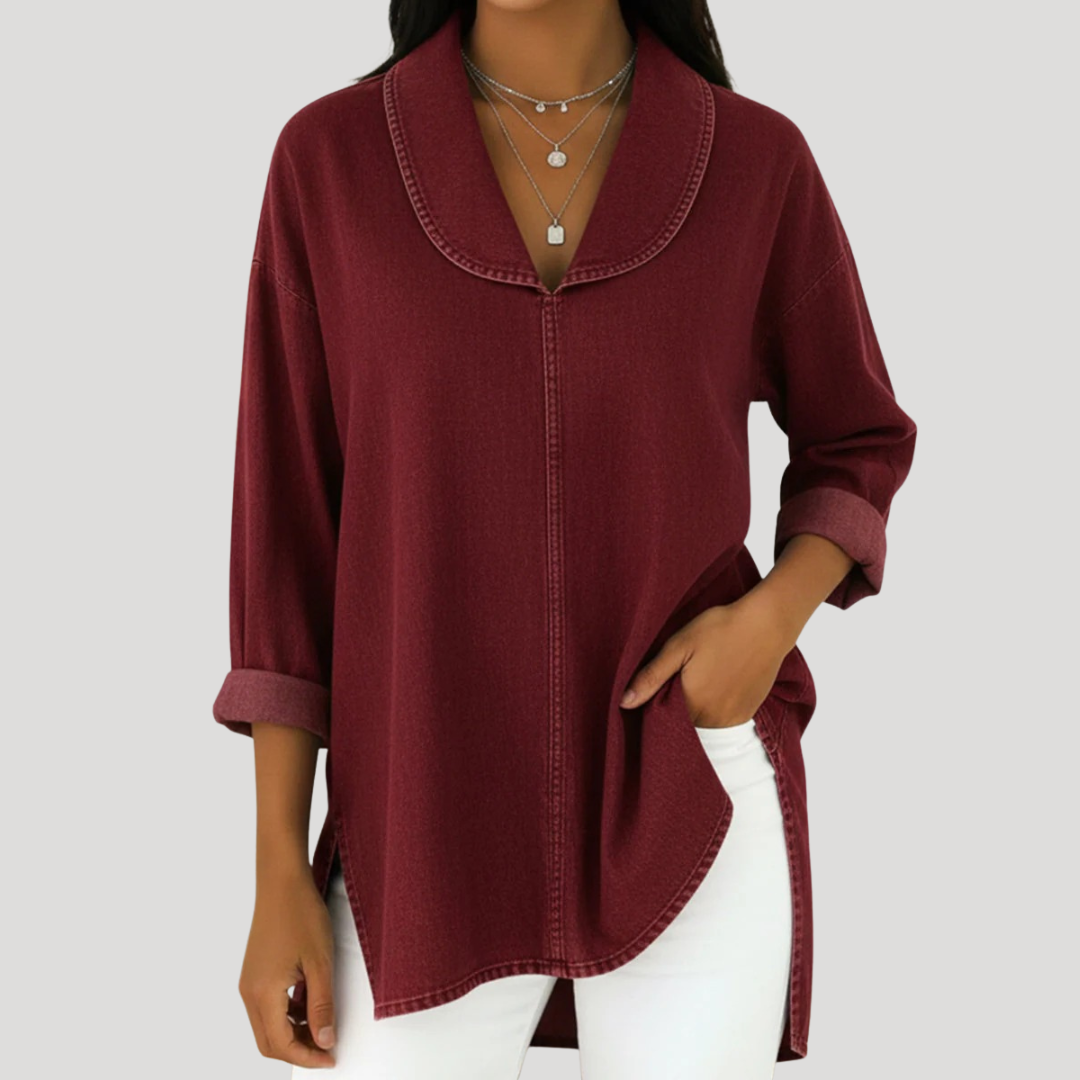 Camille Faux Denim Shawl Collar Blouse
