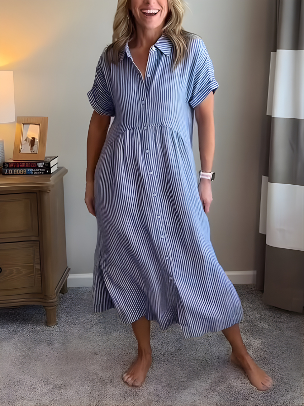 Marina Elegant Striped Maxi Shirt Dress with Pockets