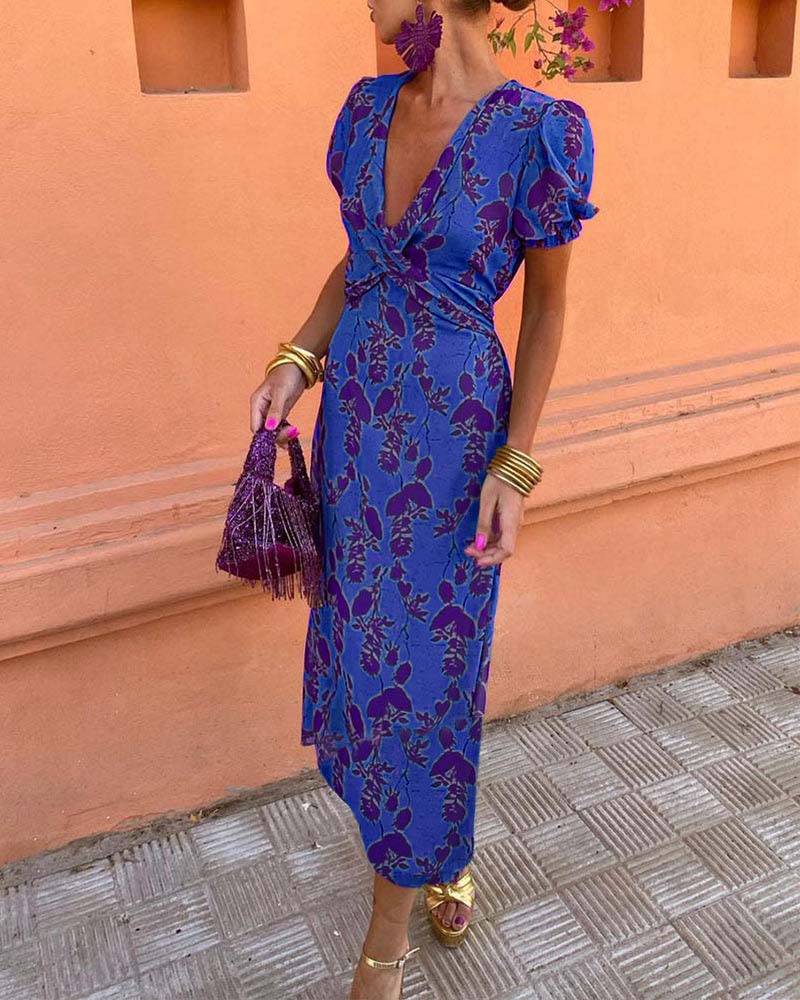 Abigail Chic Leaf Print V-Neck Dress