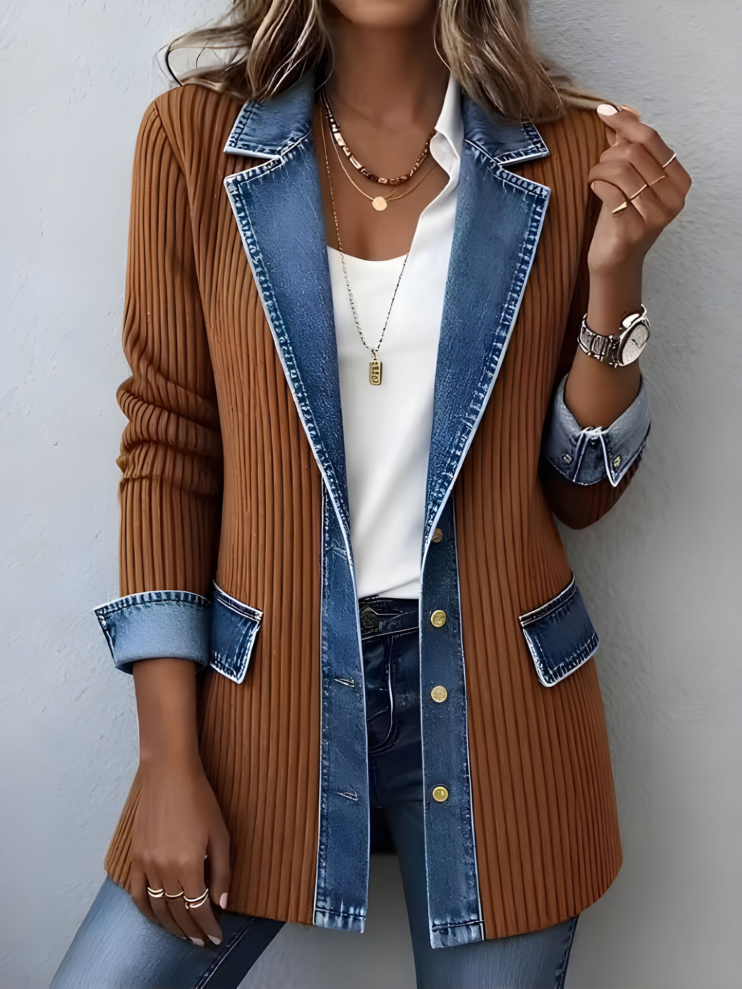 Luna Elegant Denim Lapel Combined Coat