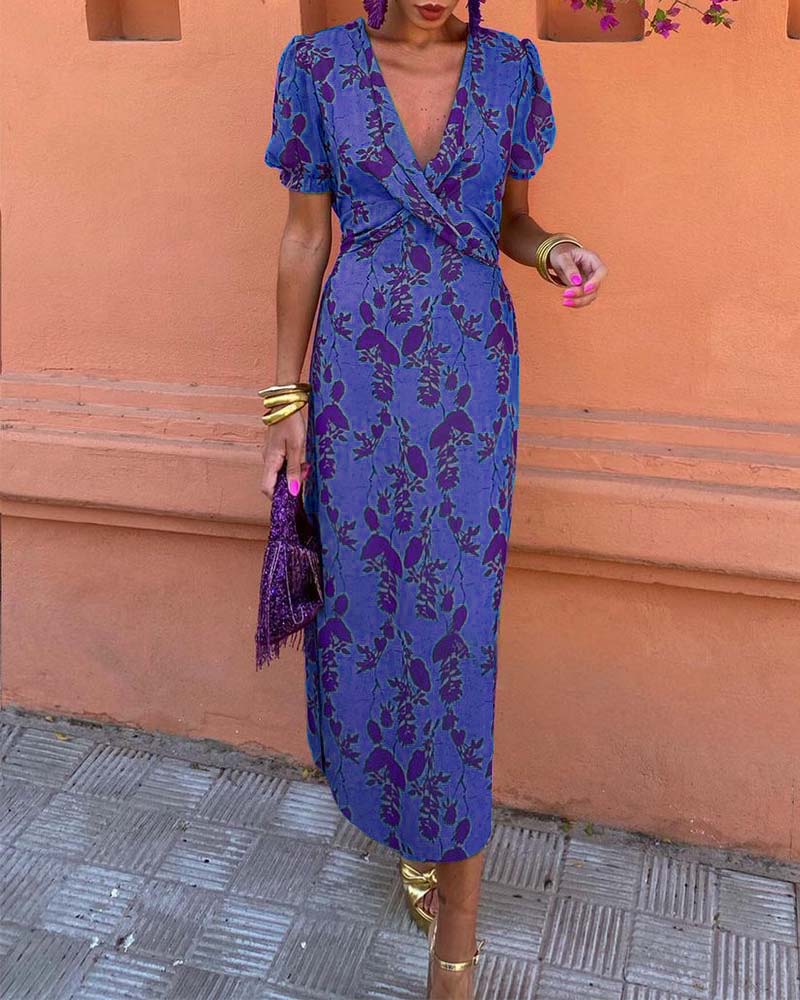 Abigail Chic Leaf Print V-Neck Dress