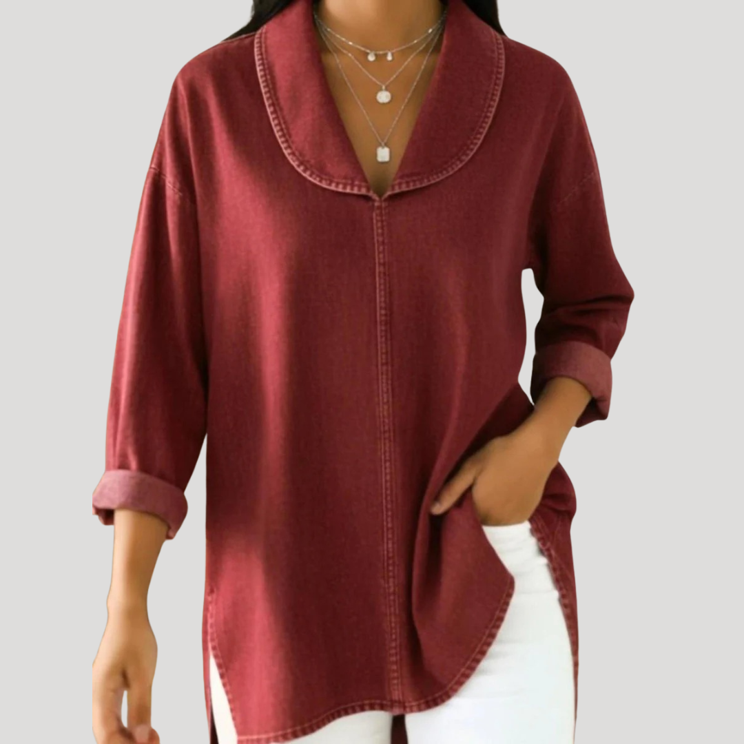 Camille Faux Denim Shawl Collar Blouse