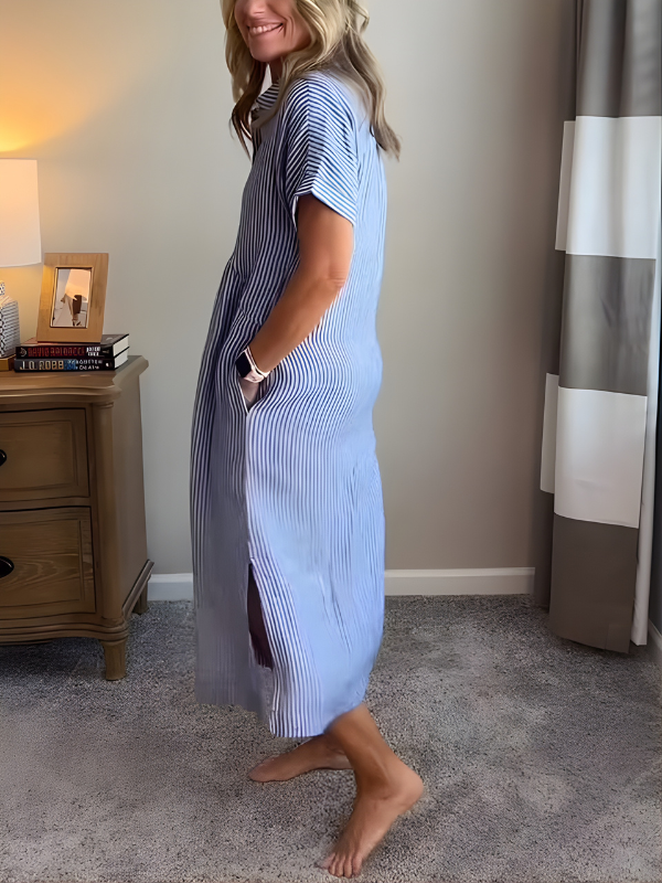 Marina Elegant Striped Maxi Shirt Dress with Pockets