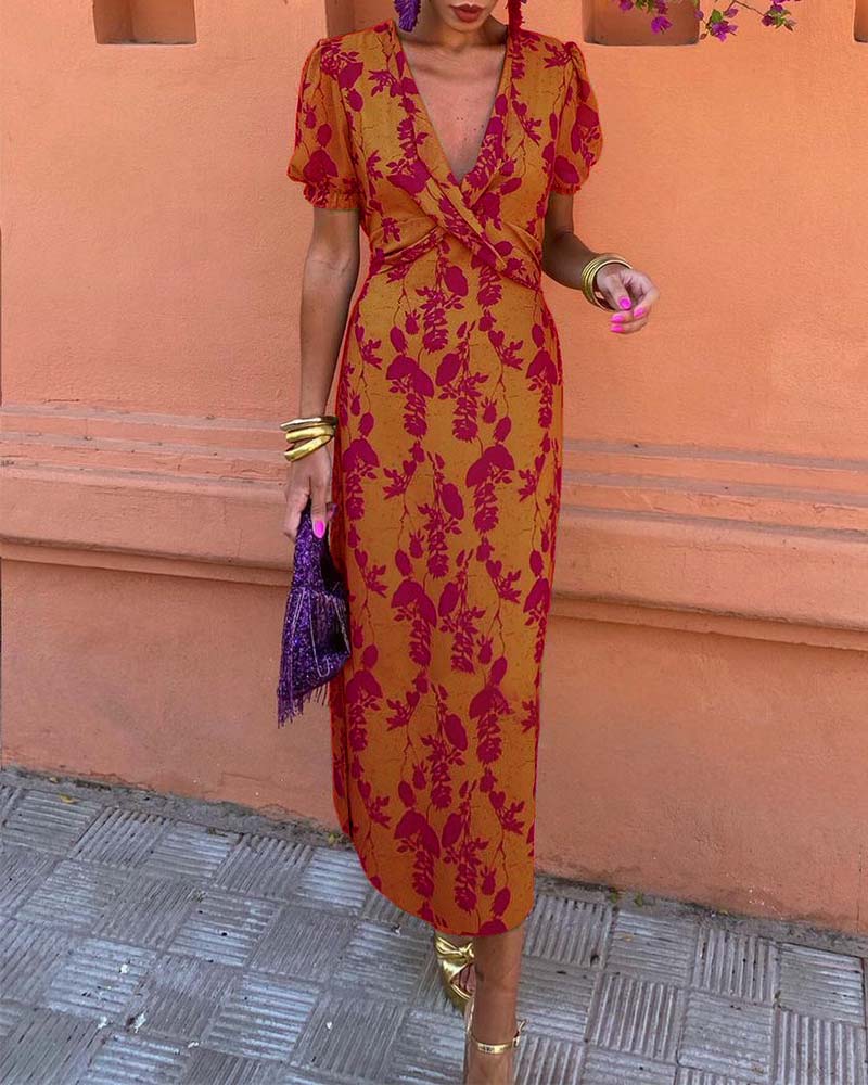 Abigail Chic Leaf Print V-Neck Dress