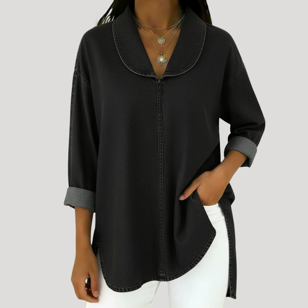 Camille Faux Denim Shawl Collar Blouse