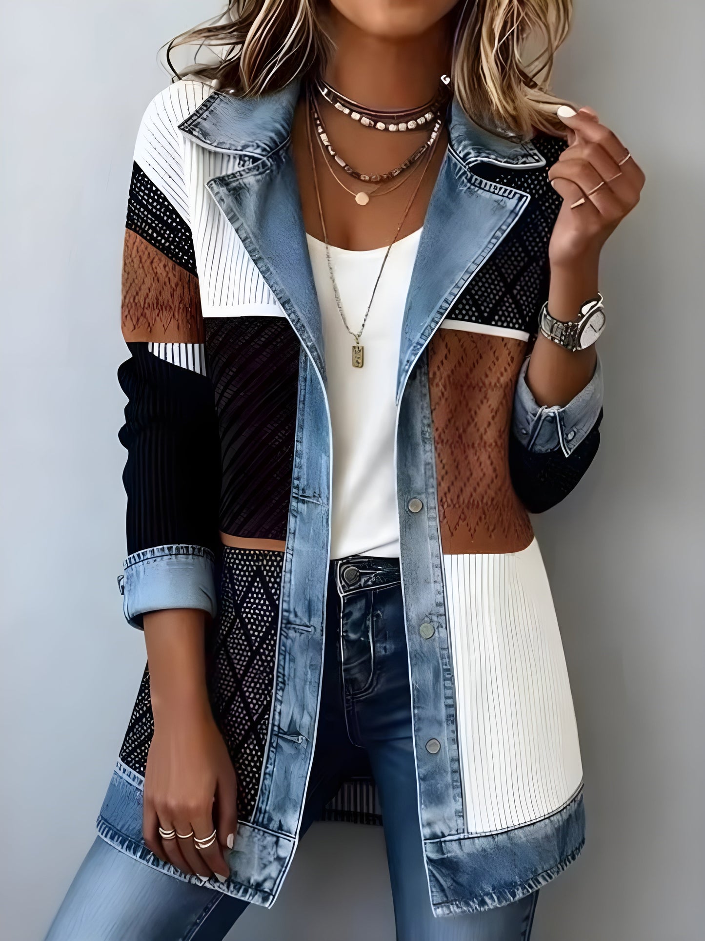 Luna Elegant Denim Lapel Combined Coat