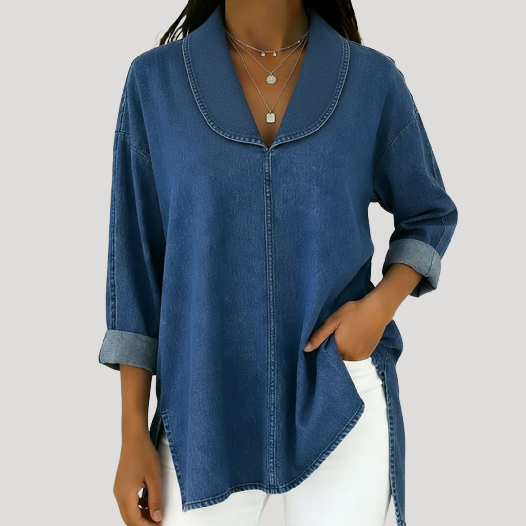 Camille Faux Denim Shawl Collar Blouse