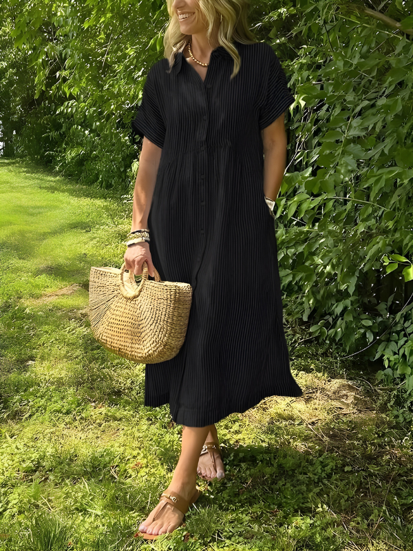 Marina Elegant Striped Maxi Shirt Dress with Pockets