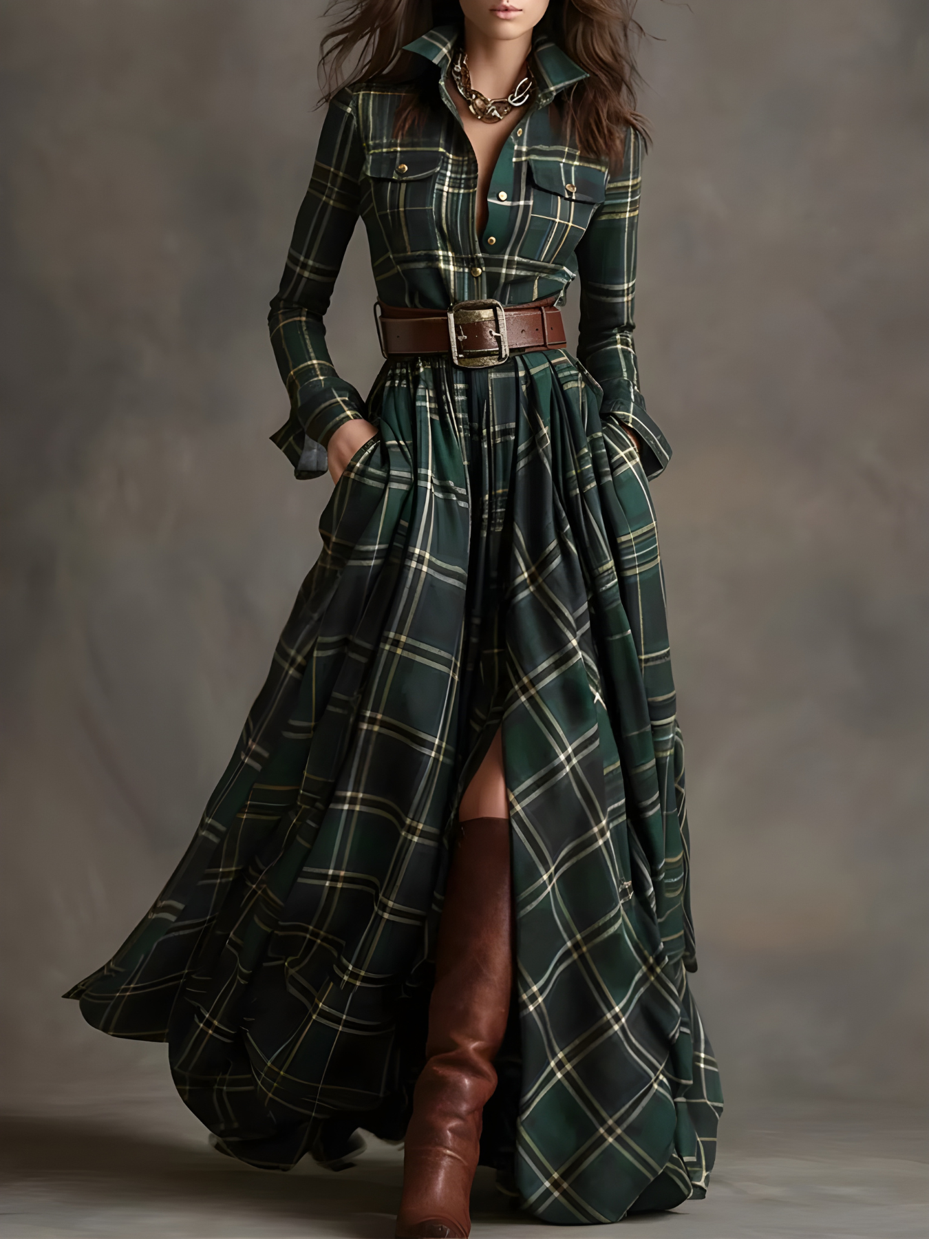 Elara Plaid Button-Front Maxi Dress