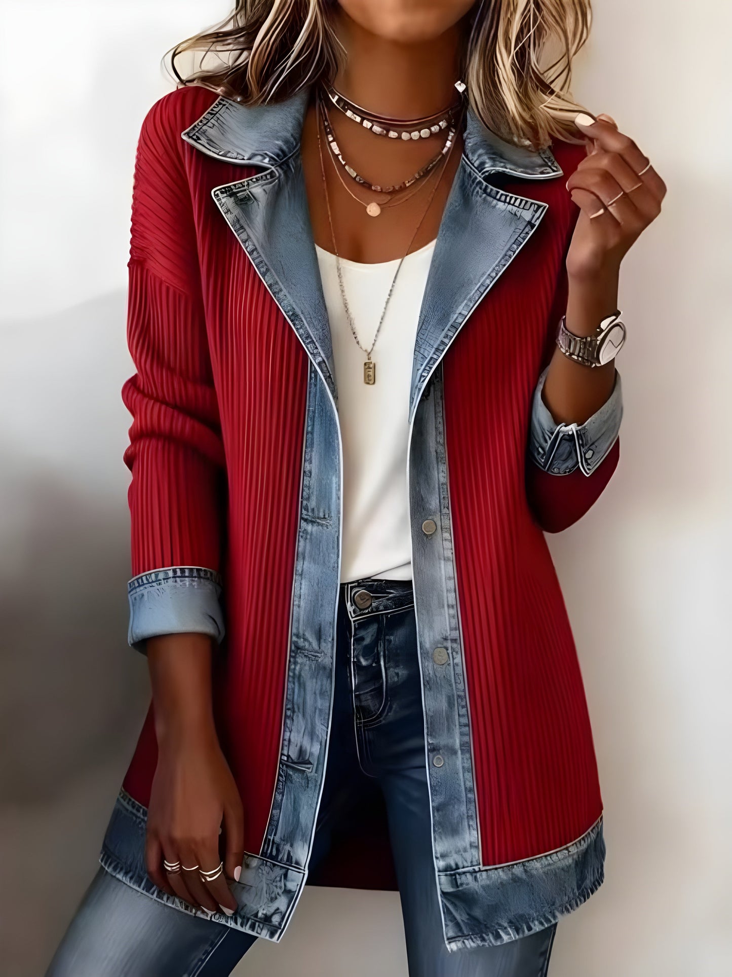 Luna Elegant Denim Lapel Combined Coat