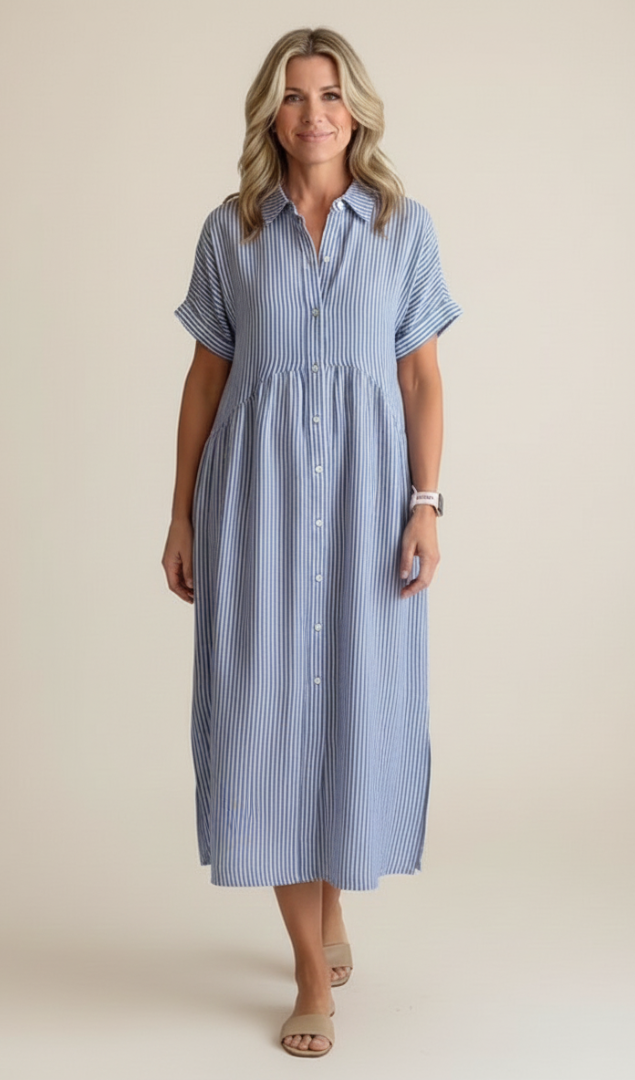 Marina Elegant Striped Maxi Shirt Dress with Pockets