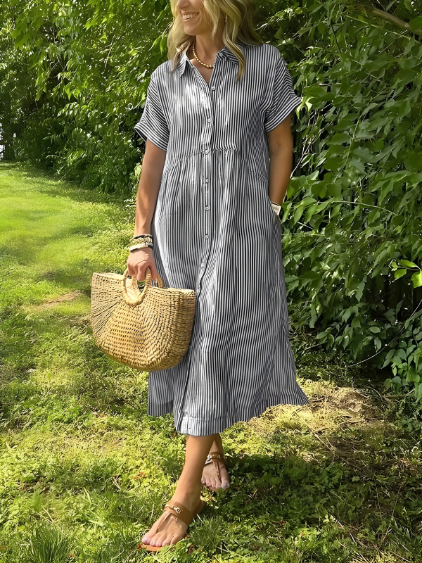 Marina Elegant Striped Maxi Shirt Dress with Pockets