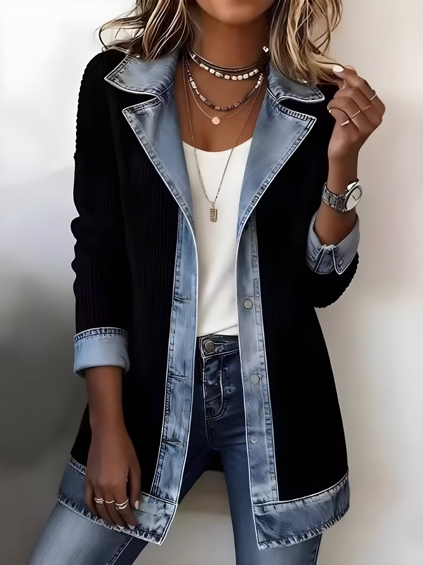 Luna Elegant Denim Lapel Combined Coat