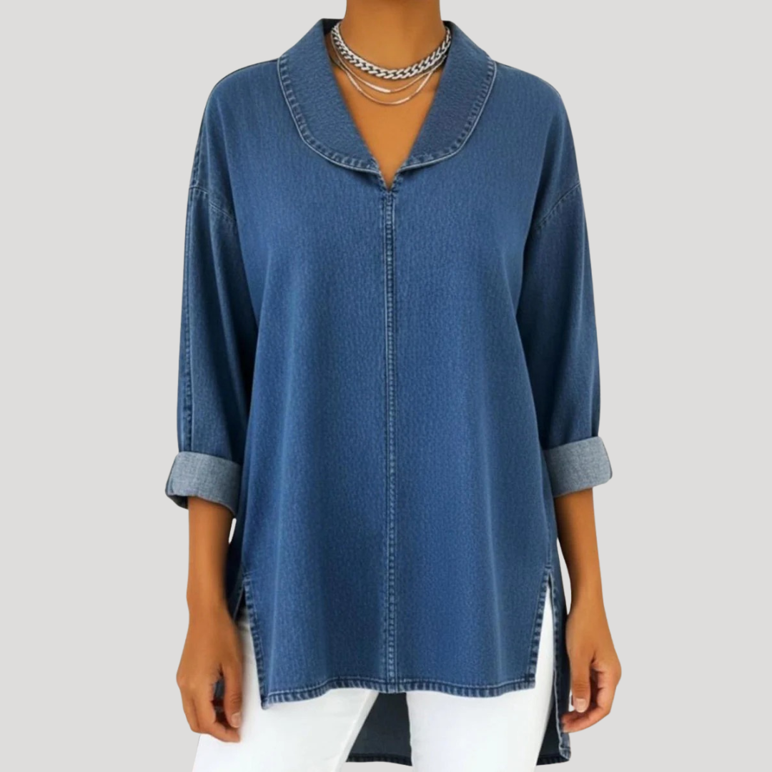 Camille Faux Denim Shawl Collar Blouse