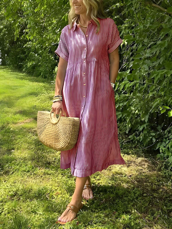 Marina Elegant Striped Maxi Shirt Dress with Pockets