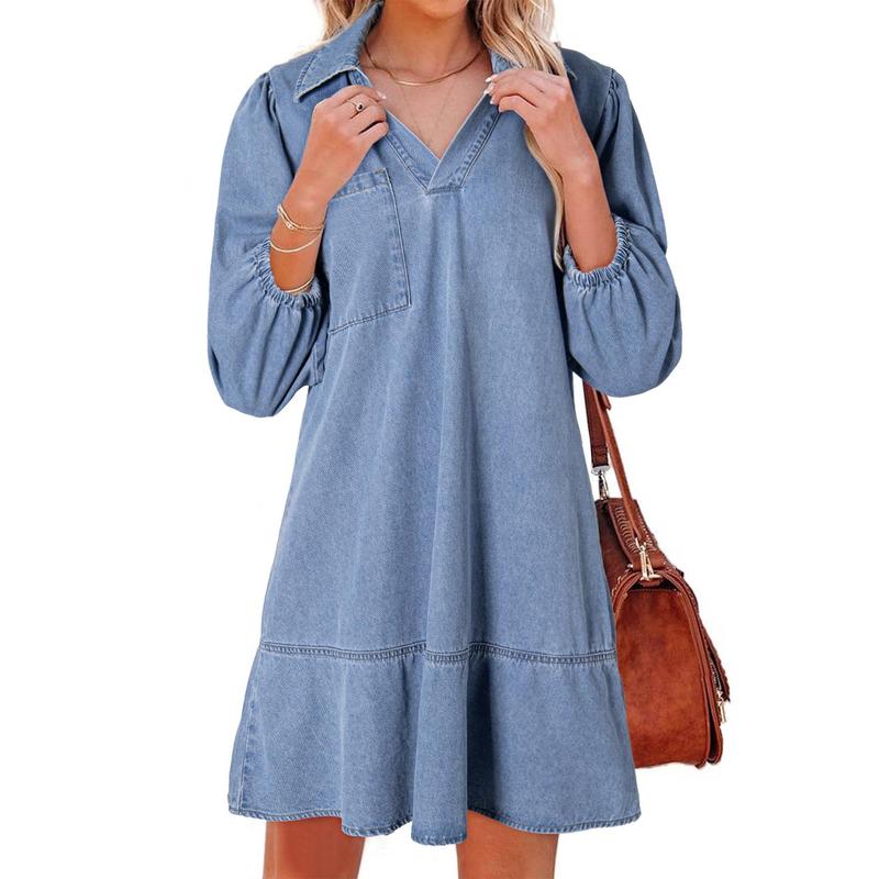Layla Classic Soft Washed Denim Puff Sleeve Dress