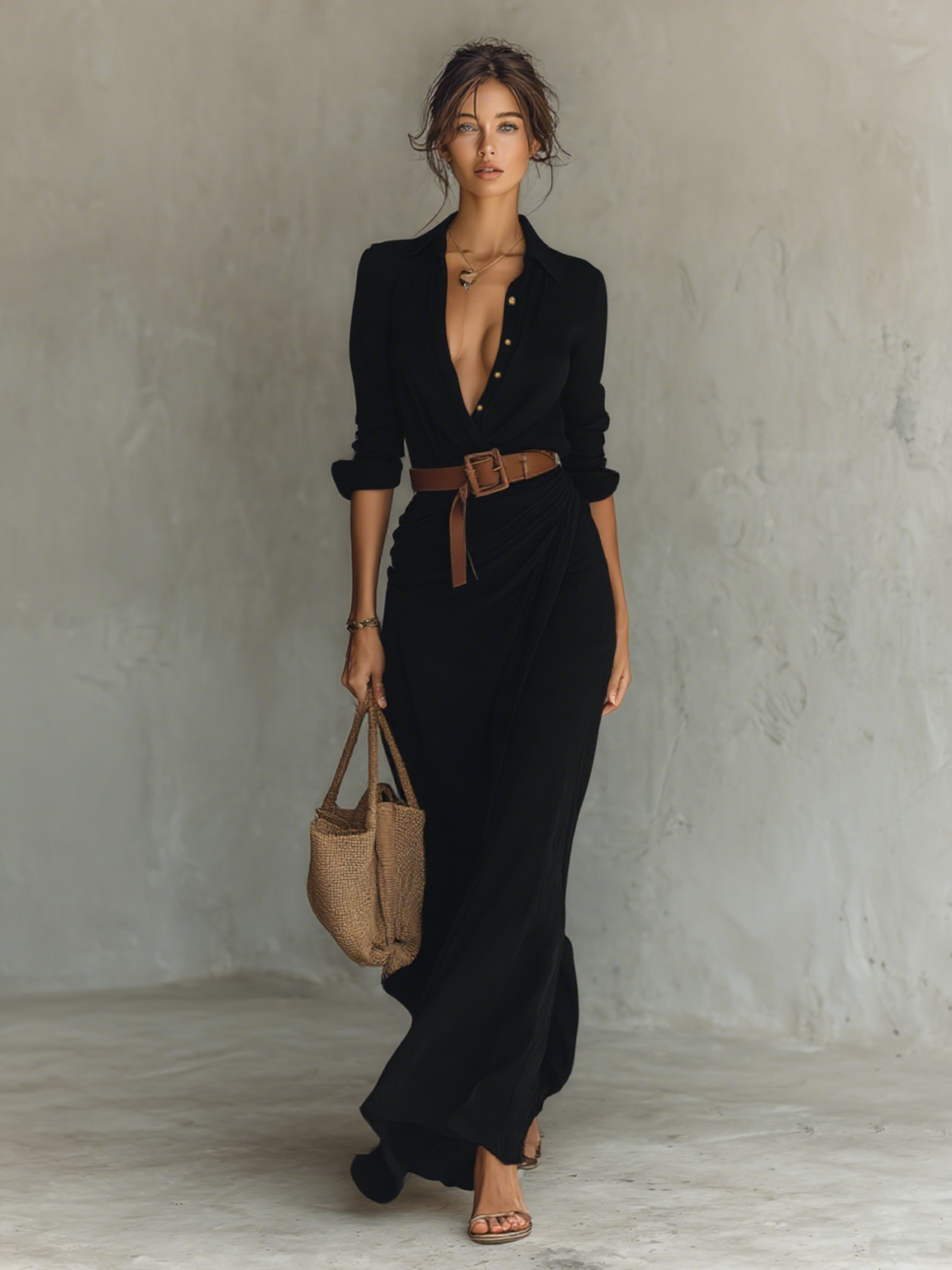 Mallory Long Maxi Dress with Lapel Collar & Belt