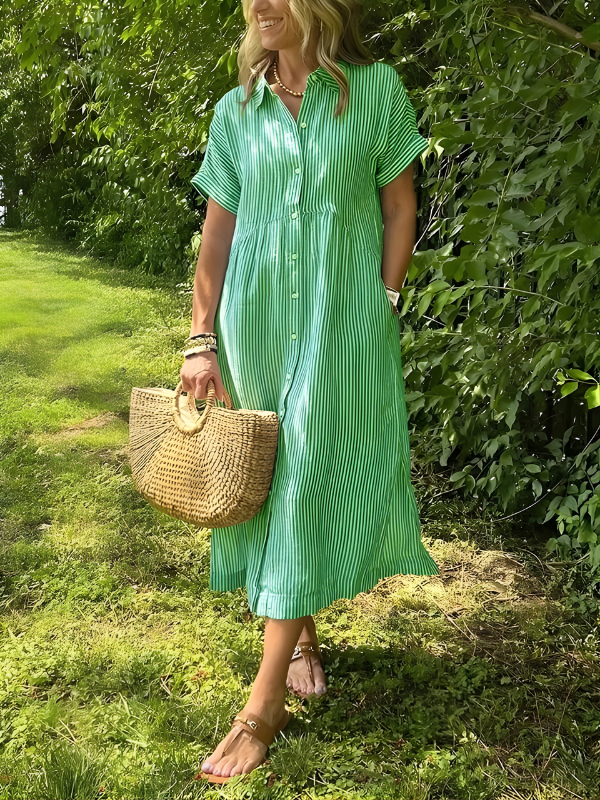 Marina Elegant Striped Maxi Shirt Dress with Pockets