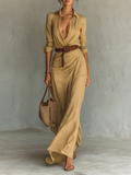 Mallory Long Maxi Dress with Lapel Collar & Belt