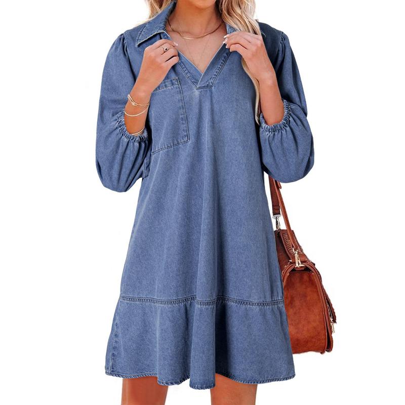 Layla Classic Soft Washed Denim Puff Sleeve Dress