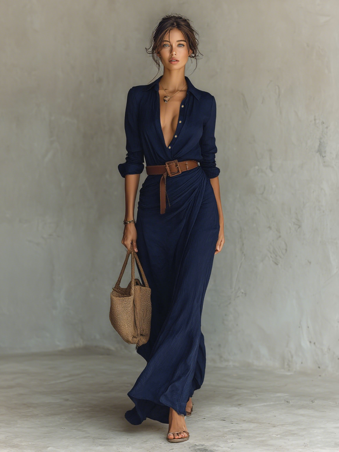 Mallory Long Maxi Dress with Lapel Collar & Belt