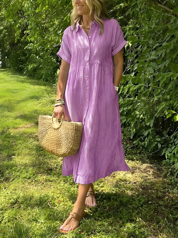 Marina Elegant Striped Maxi Shirt Dress with Pockets