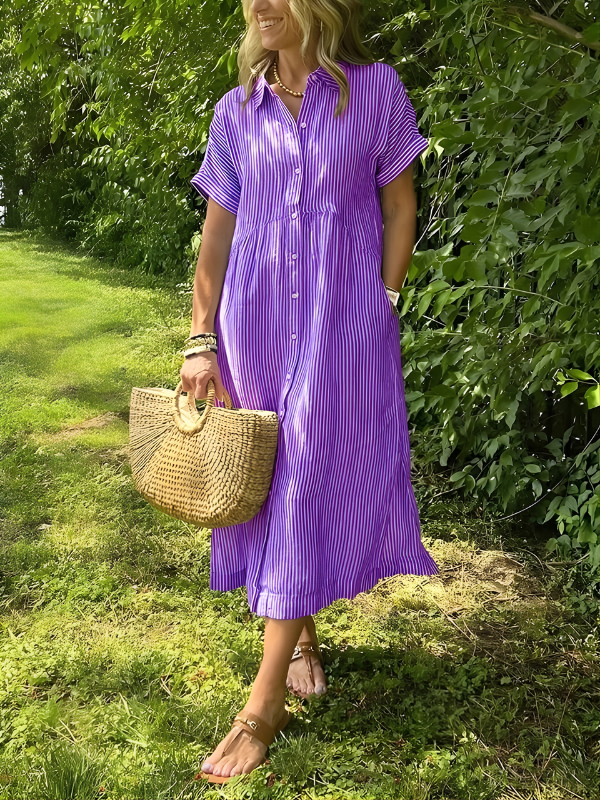 Marina Elegant Striped Maxi Shirt Dress with Pockets