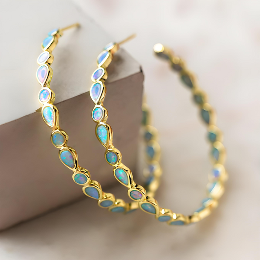 Donna Vintage Blue and Opal Golden Hoop Earrings