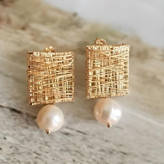 Gail Vintage Golden Threads with Pearl Earrings