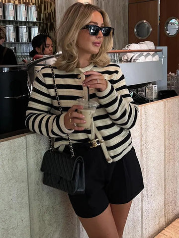 Zayla Gold Button Striped Cardigan