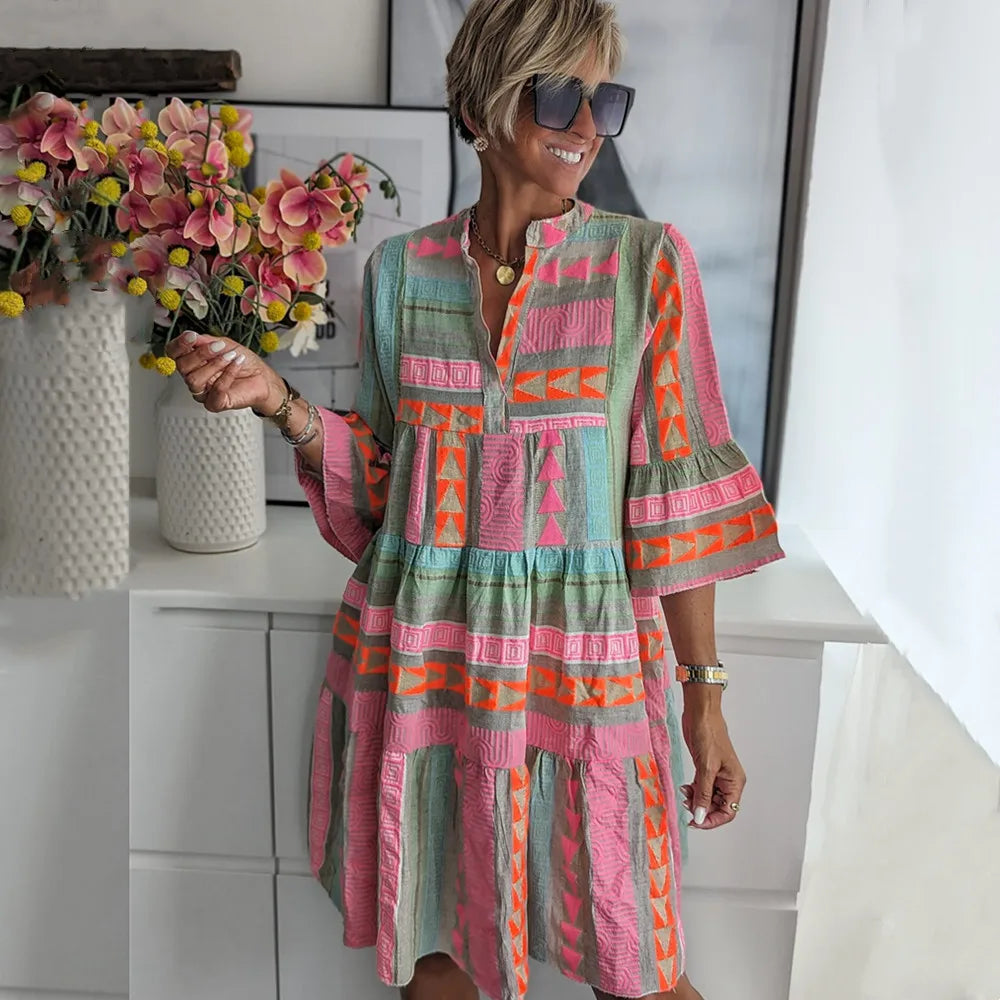 Elodie Chic V-Neck Cotton Hemp Dress