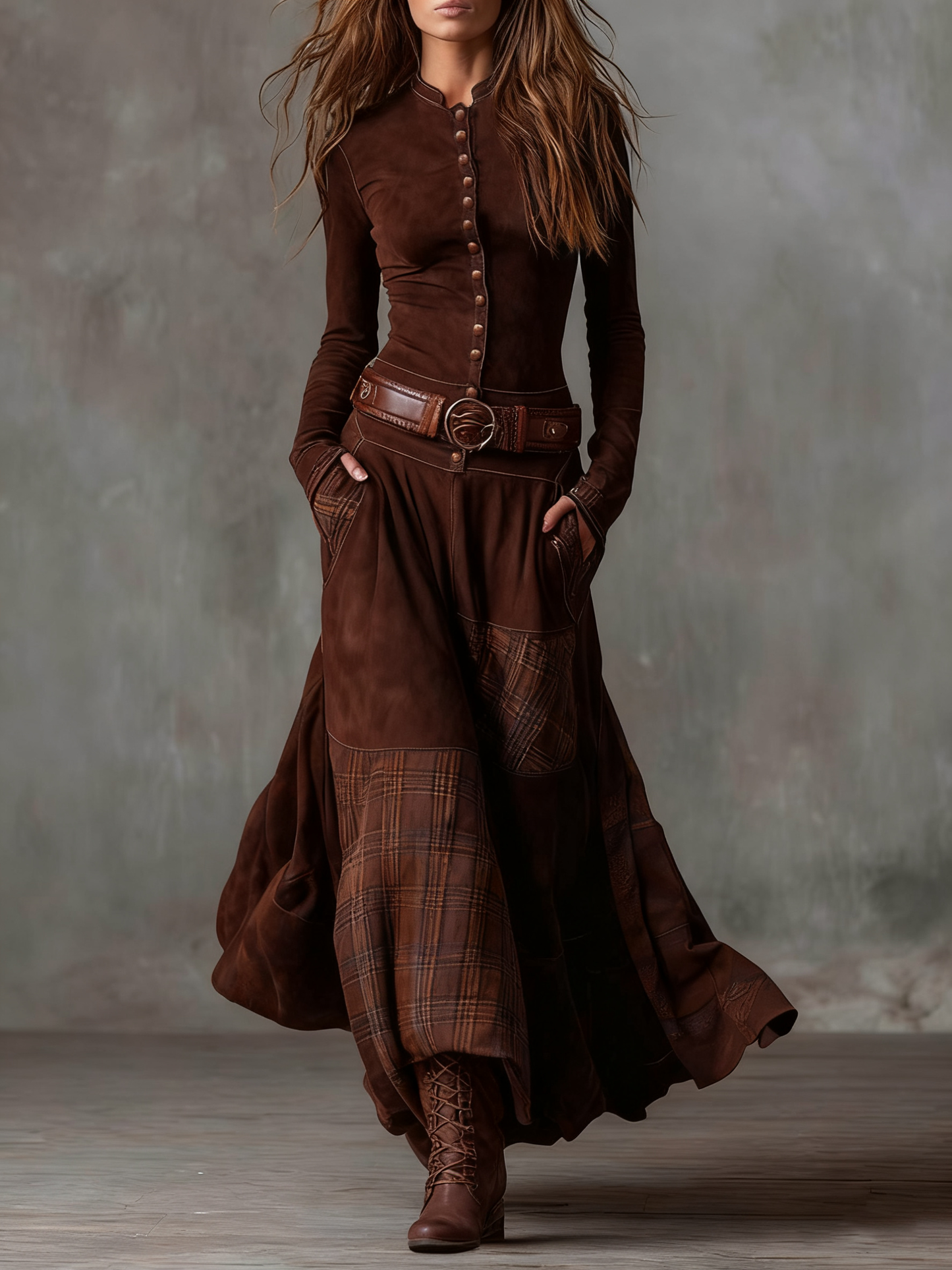 Natasha Vintage Plaid Suede Maxi Dress