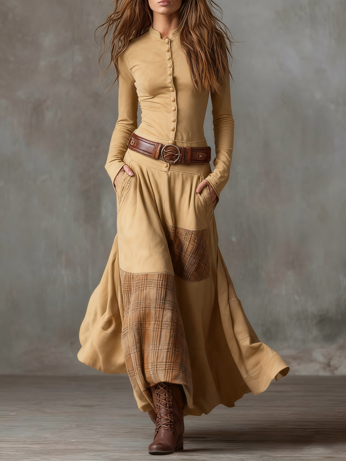 Natasha Vintage Plaid Suede Maxi Dress